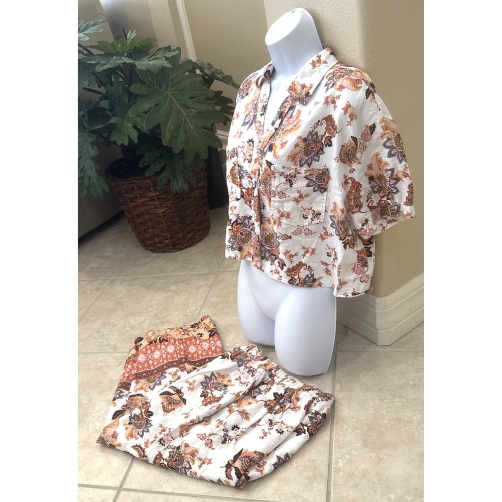 Rachel Roy 2-Piece Set White Floral Top & Wide Leg Crop Pants Linen Blend Sz M - Picture 2 of 13
